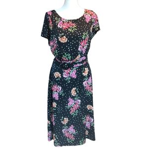 Perceptions Black Midi Dress XL Pink & Purple Polka Dot Floral Print